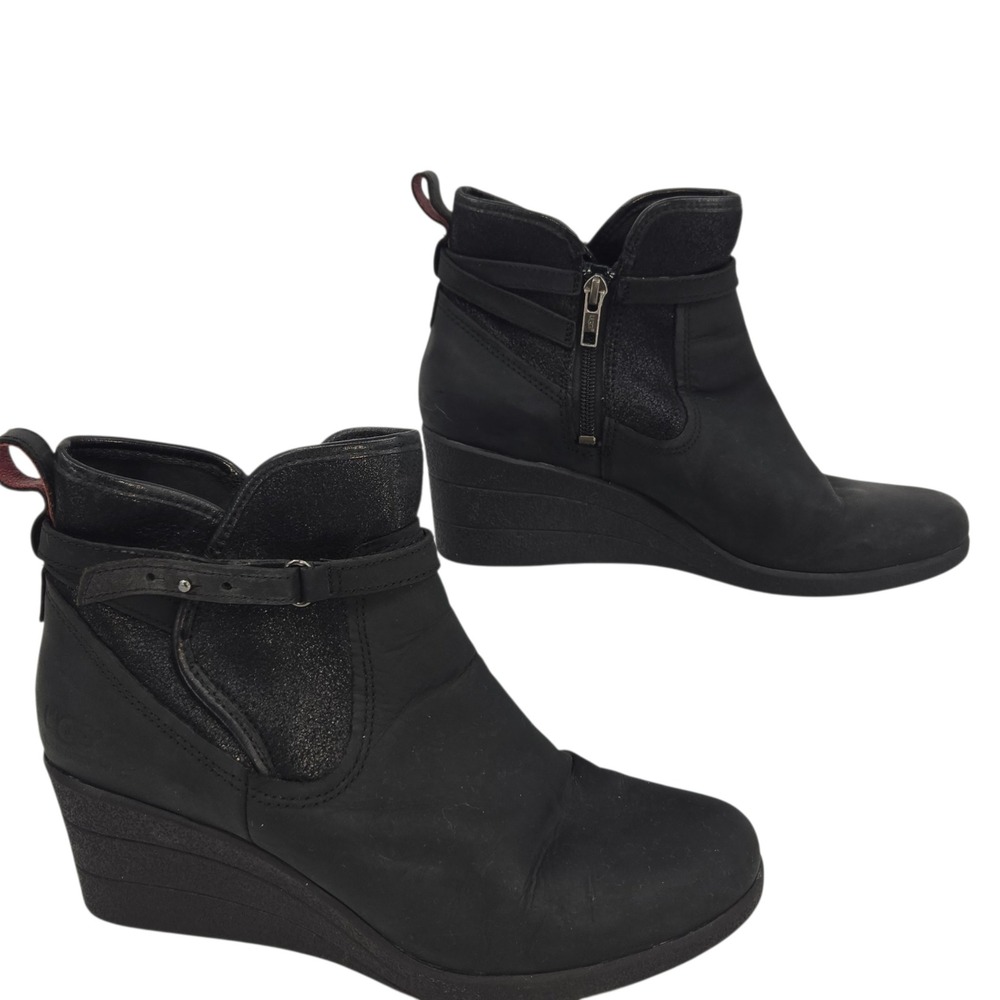 UGG Australia Wedge Ankle Boots Women 9 Black Leather Waterproof 1008017 Emalie